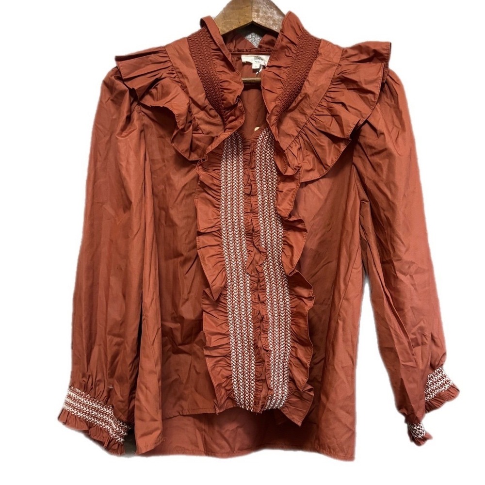 Entro Ruffle Blouse Womens S Rust Orange NEW Smocked Embroidered T25412